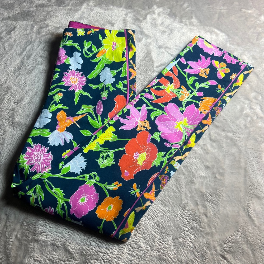 Gretchen Scott Women XS Classic Pants Navy Floral Butterfly Pink Piping Slim Leg